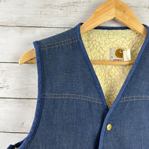 Vtg Carhartt‎ Vest Blue Denim Sherpa Lined Snap USA Men’s Medium Jean Workwear - Picture 2 of 11